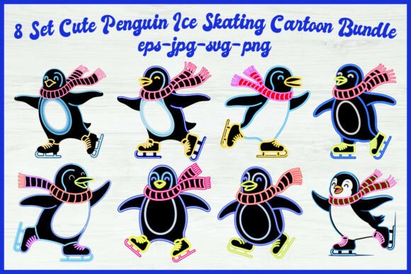 Download 8 Cute Penguin Ice Skating Cartoon Set - Ice skating Collection